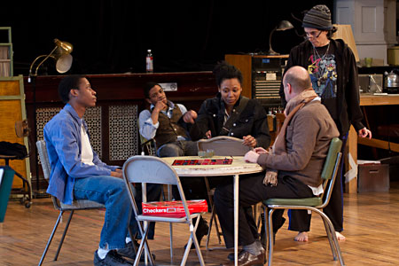 Namir Smallwood and ensemble members Jon Michael Hill, Alana Arenas, Yasen Peyankov and Director Tina Landau
